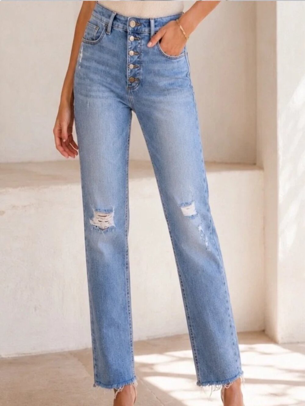 Whetherly Pierce High Rise Straight Leg Distressed Jeans Blue Button Fly 30